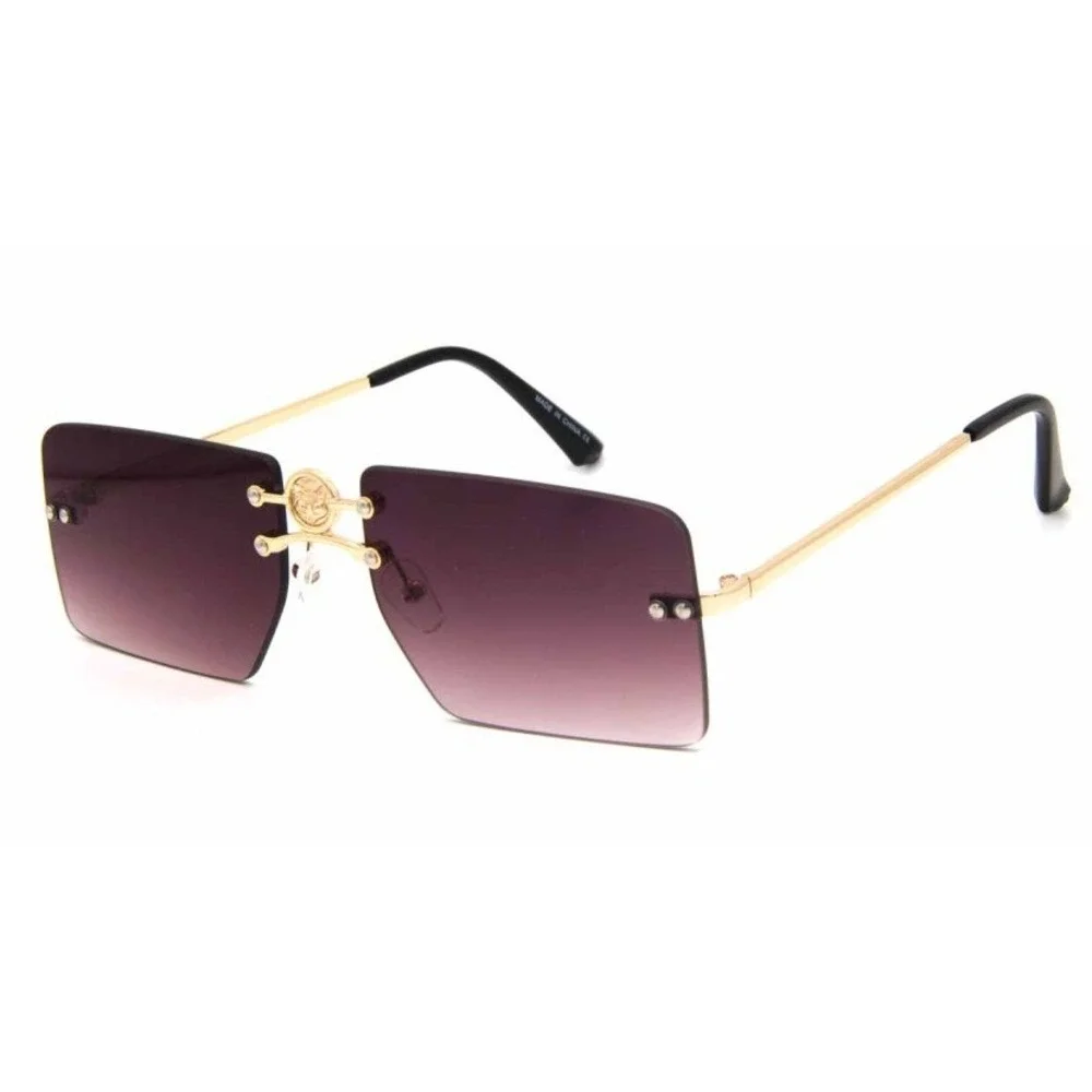 Rimless Sunglasses Men Rectangle Gold Frame Gray Black Lens Fashion Shades Gafas